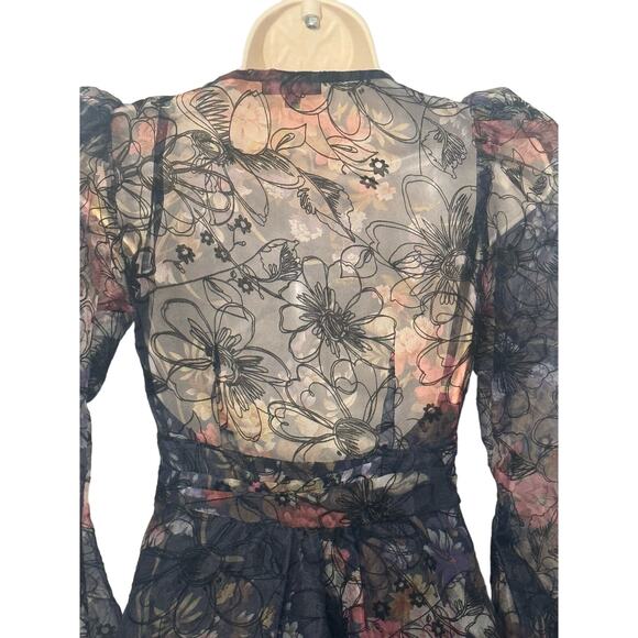 For Love & Lemons Sophia Sheer Puff Sleeve Midi Dress Black Navy Floral XS - Picture 10 of 14